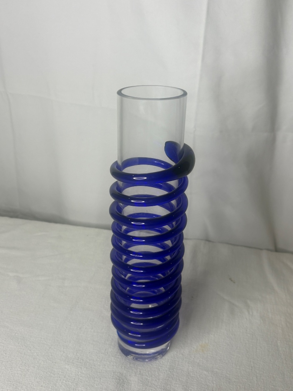 Modernist Art Glass Vase Cold Cut Rim Cobalt Spiral Ribbon MCM 11.5" - Picture 5 of 7